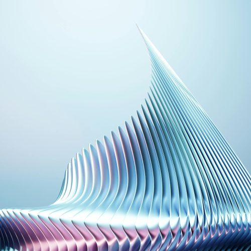 Abstract metallic structure with fluid lines in a minimal background, showcasing modern design.